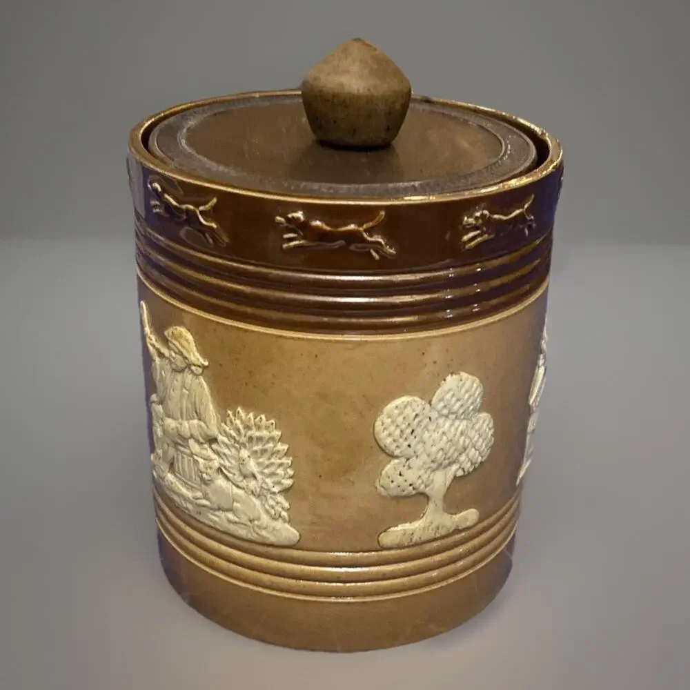 Antique Doulton Lambeth Pottery Stoneware Tobacco Jar Canister Barrel 4.75